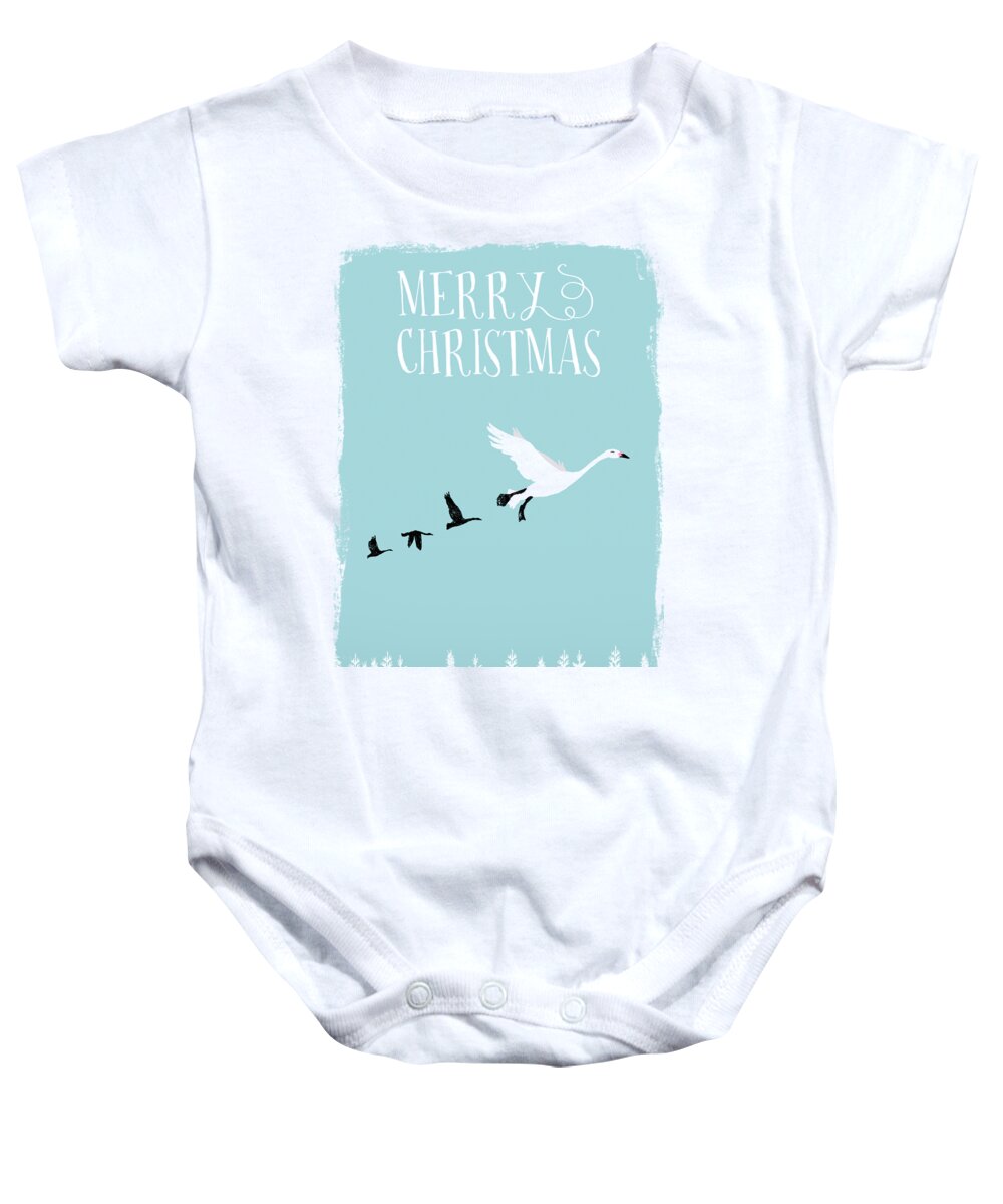 White Christmas Geese Baby Onesie featuring the mixed media White Christmas Geese by Amanda Jane