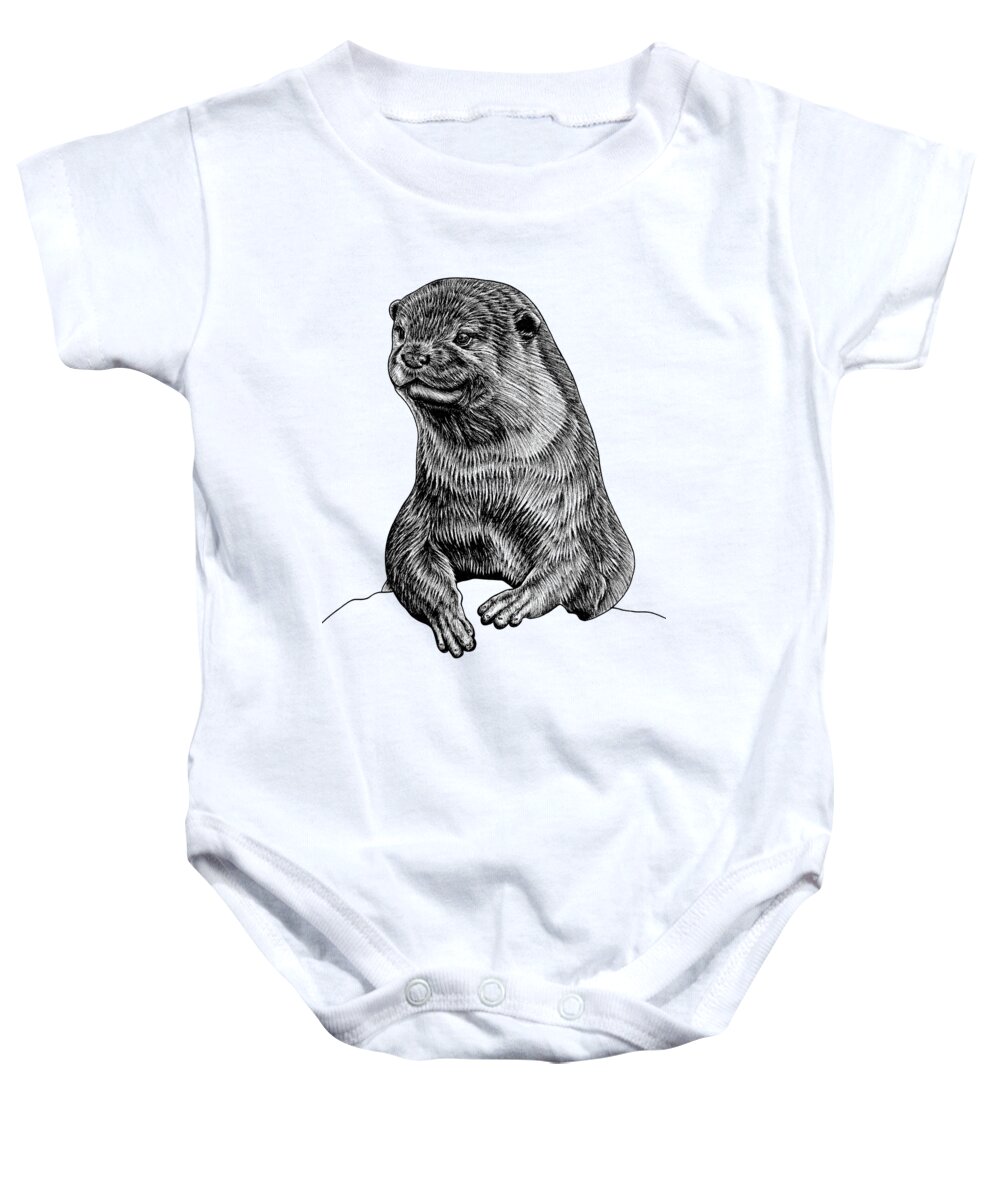 Otter Baby Onesie featuring the drawing Asian small-clawed otter - ink illustration by Loren Dowding