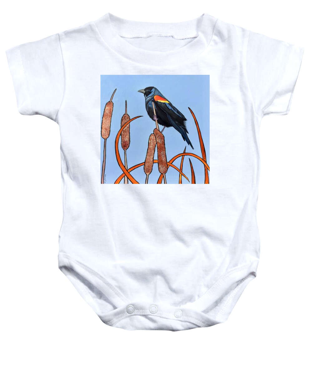 Black Bird Baby Onesie featuring the painting At The Pond by Sonja Jones