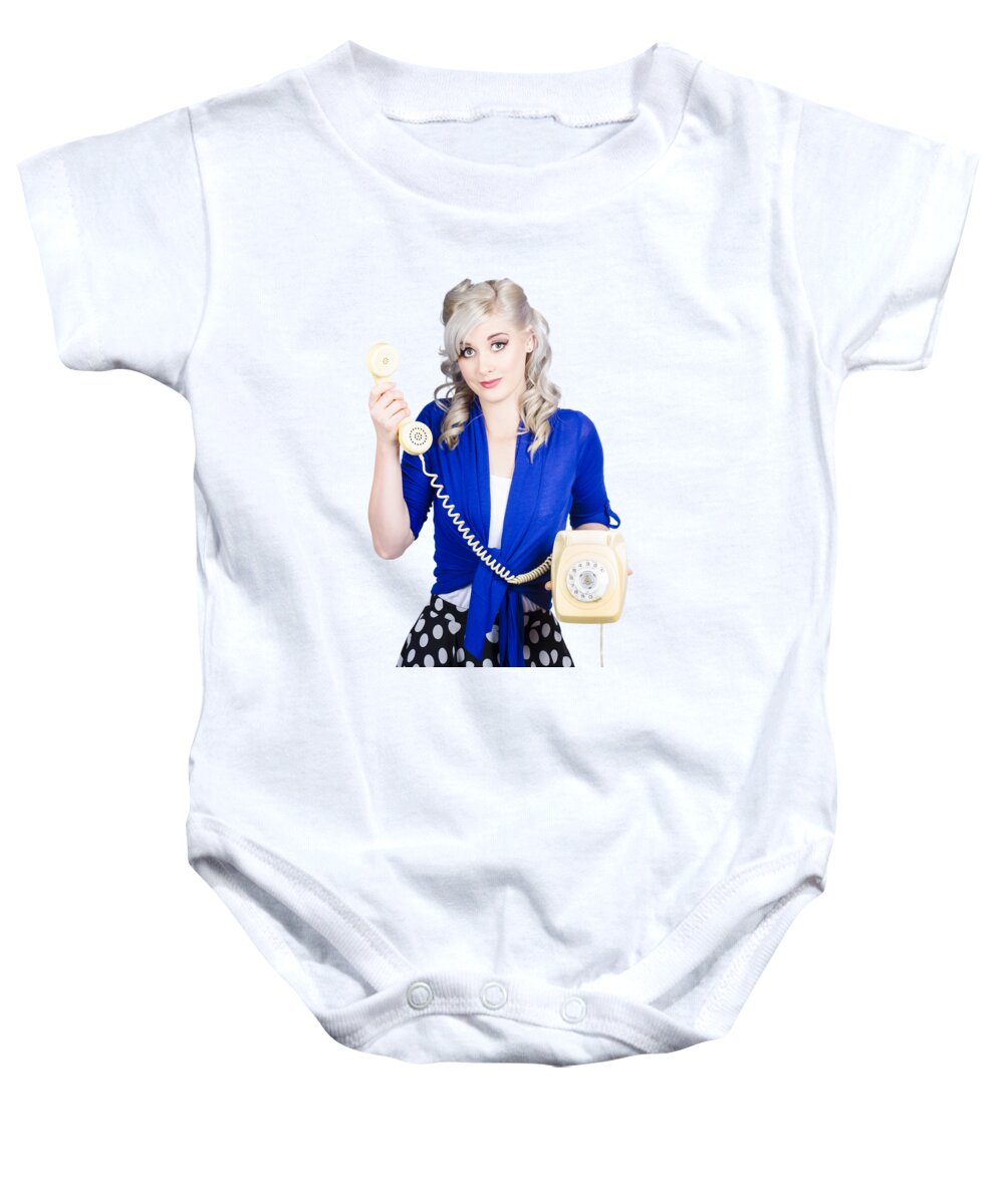 Phone Baby Onesie featuring the photograph Attractive blond female secretary on vintage phone by Jorgo Photography