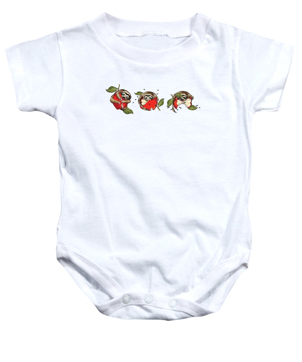 Baby Baby Onesie featuring the digital art Baby Sloth Meets Apple by L Diane Johnson