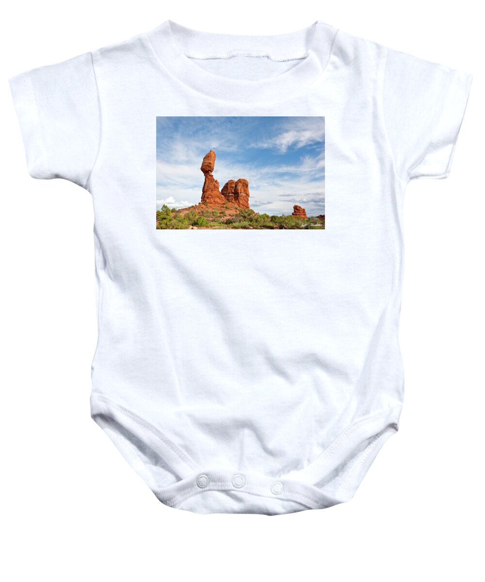 Arches National Park Baby Onesie featuring the photograph Balanced and Ham Rocks by Jeff Goulden