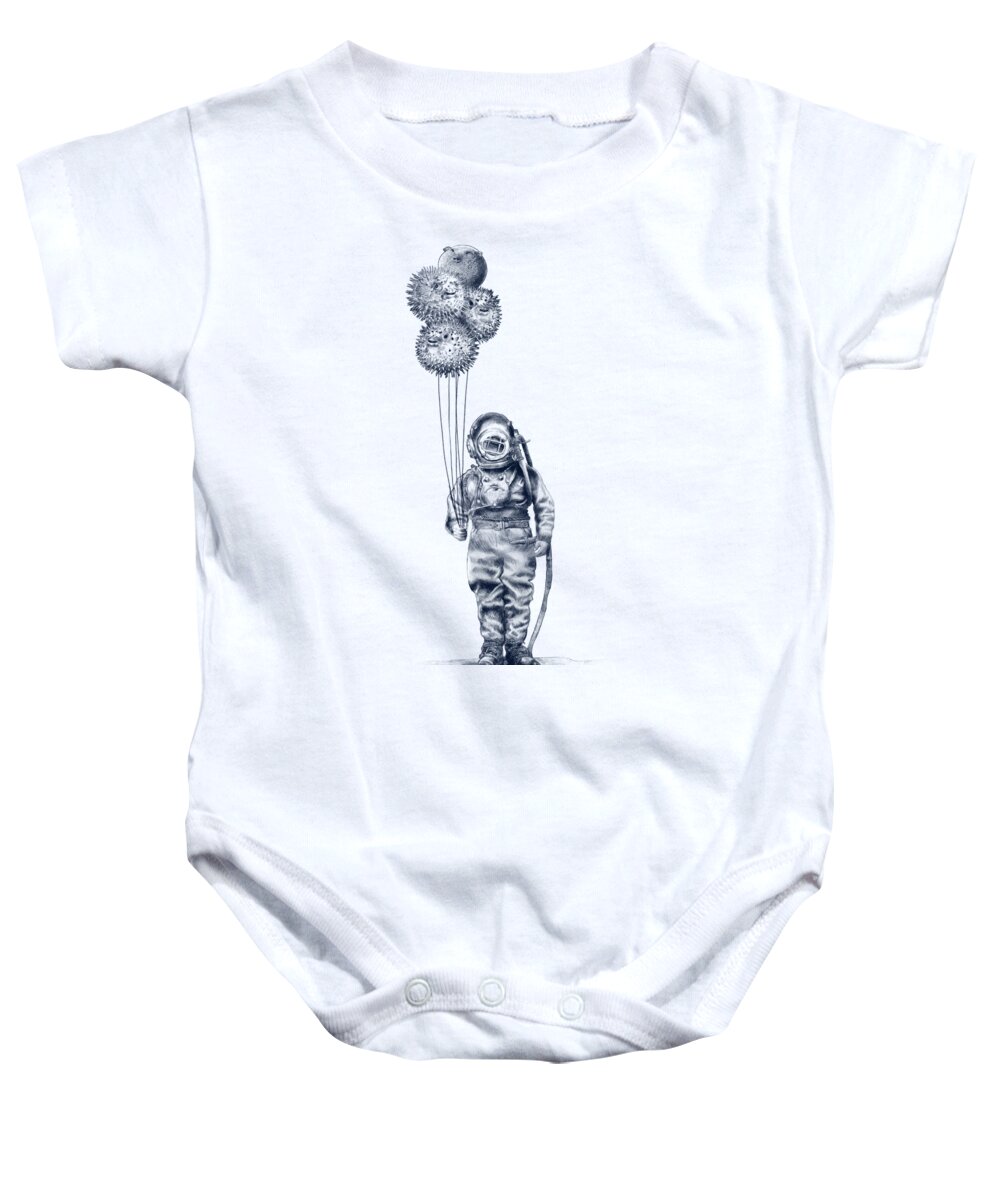 Pen And Ink Baby Onesie featuring the drawing Balloon Fish option by Eric Fan