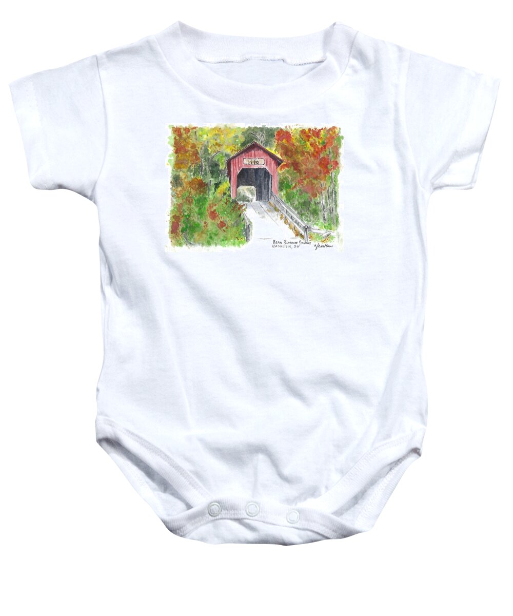 Covered Bridge Baby Onesie featuring the painting Bean Blossom Bridge, Nashville, Indiana by Claudette Carlton