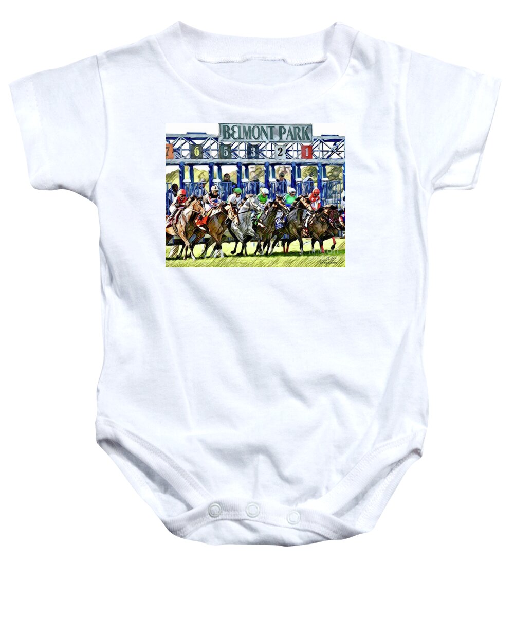 Belmont Park Baby Onesie featuring the digital art Belmont Park Starting Gate 1 by CAC Graphics