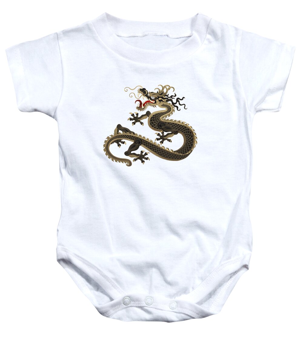 ‘the Great Dragon Spirits’ Collection By Serge Averbukh Baby Onesie featuring the digital art Black and Gold Sacred Eastern Dragon over White Leather by Serge Averbukh