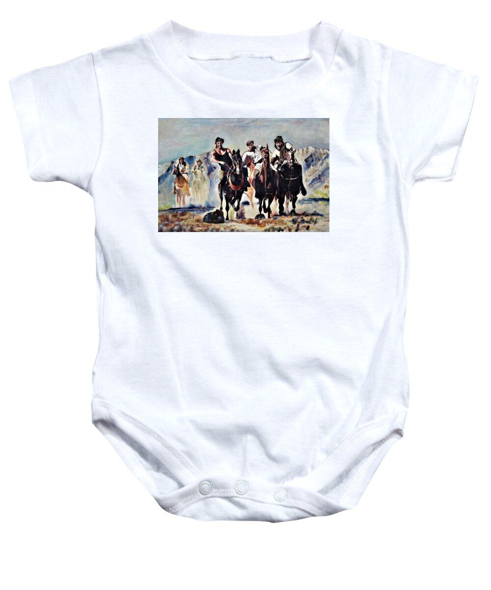 Horse Baby Onesie featuring the painting Black stallions by Khalid Saeed