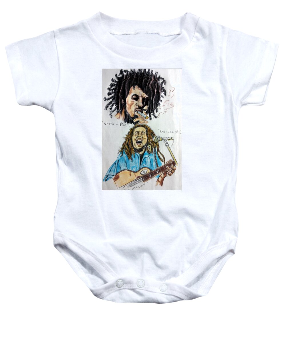 Black Art Baby Onesie featuring the drawing Bob Marley's Legal It by Joedee