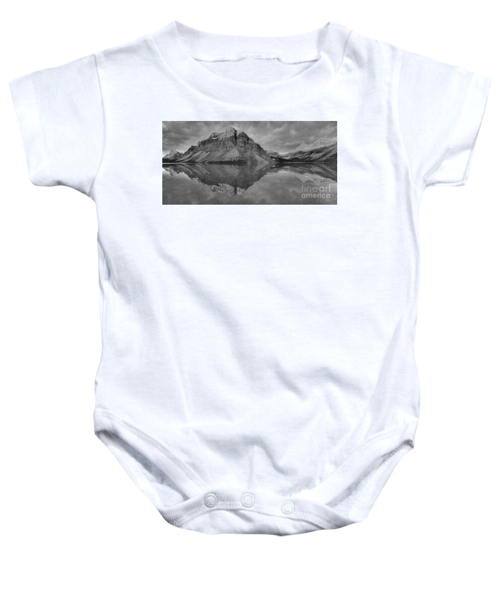 Bow Lake Baby Onesie featuring the photograph Bow Lake Summer Sunrise Reflections Black And White by Adam Jewell