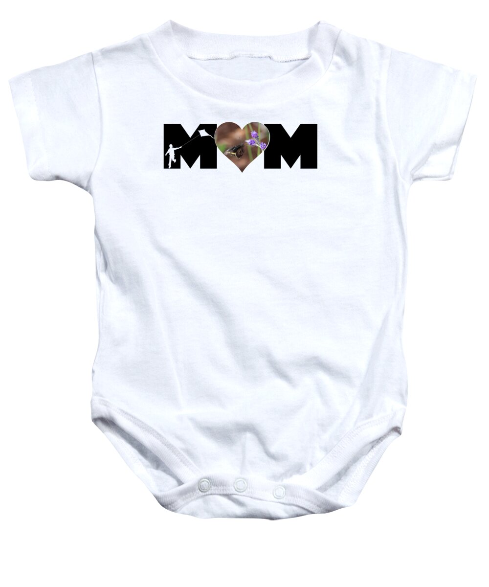 Mom Baby Onesie featuring the photograph Boy Silhouette and Butterfly on Lavender in Heart MOM Big Letter by Colleen Cornelius