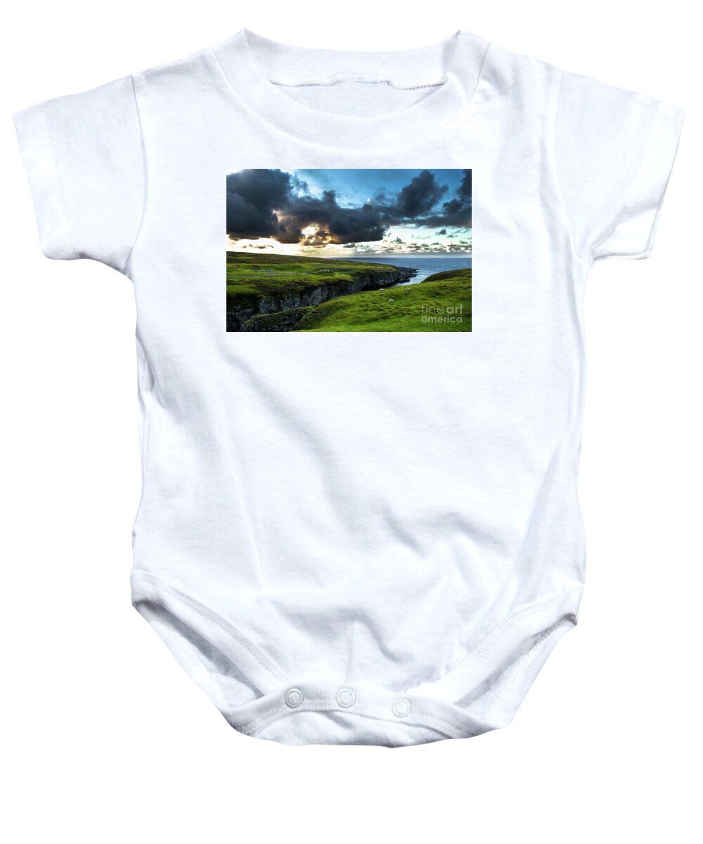 Scotland Baby Onesie featuring the photograph Canyon To Smoo Cave With Flock Of Sheep At The Twilight Atlantic Coast Near Durness In Scotland by Andreas Berthold