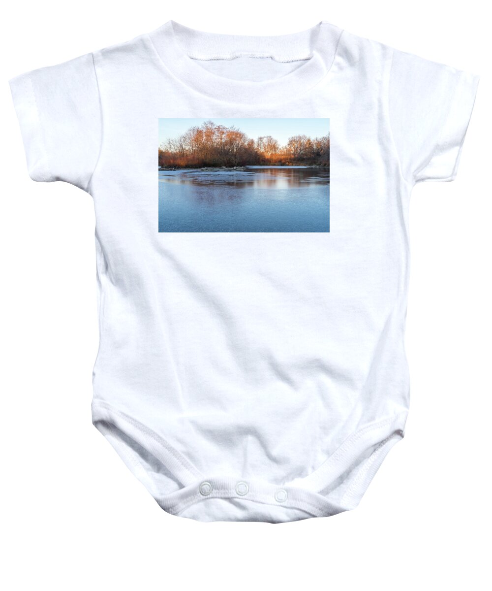 Caramel Brown Baby Onesie featuring the photograph Caramel and Ice - Cool Reflections at a Frozen Pond Take Two by Georgia Mizuleva