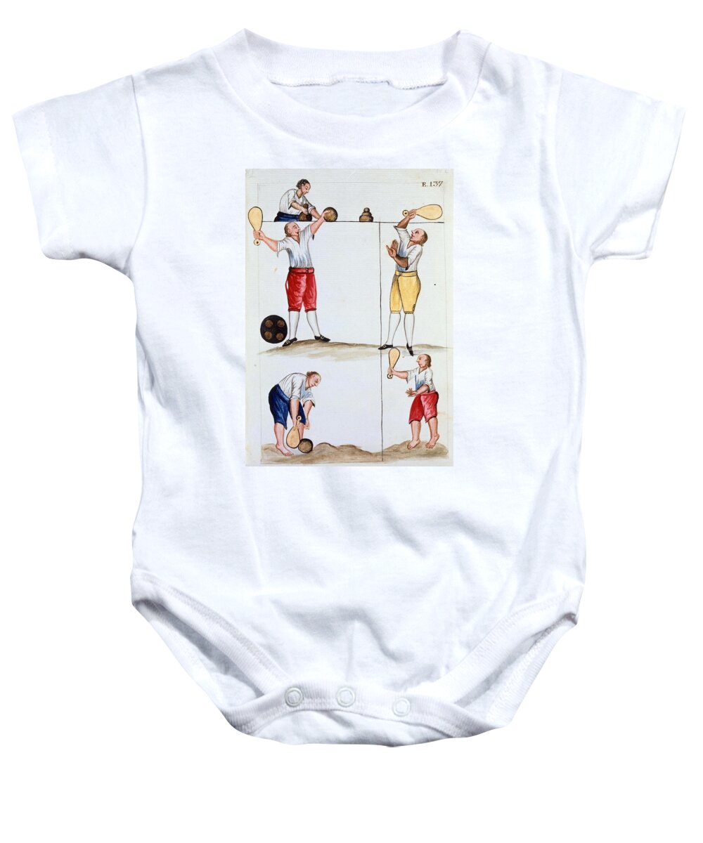 Martinez CompaÑon Baltasar Baby Onesie featuring the painting Codex Trujillo Del Peru - Book II E 137 - West Indians Playing The Ball - Watercolor - 18th Century. by Baltasar Jaime Martinez Companon -1737-1797-