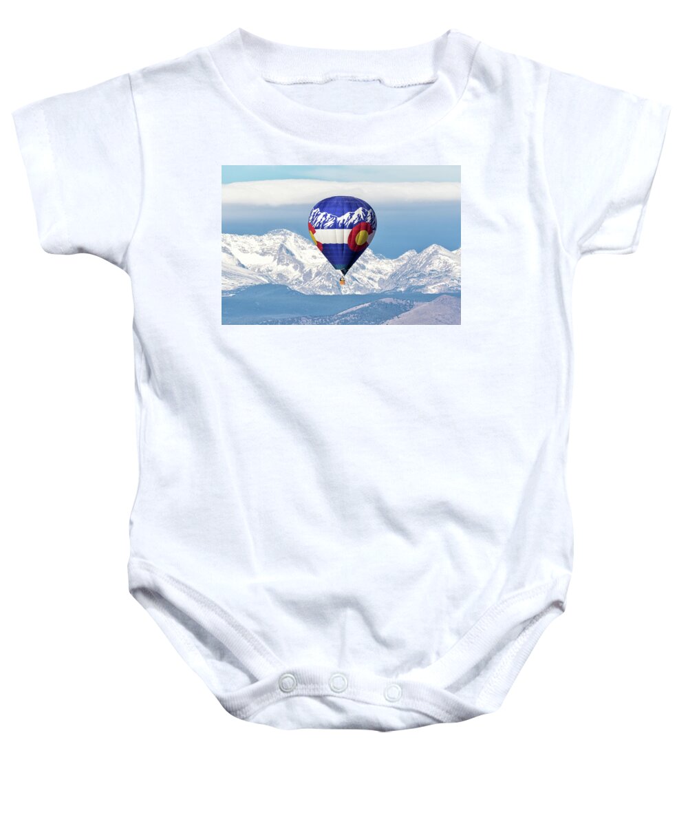 Balloon Baby Onesie featuring the photograph Colorado balloon and North Arapaho Peak by Tony Hake