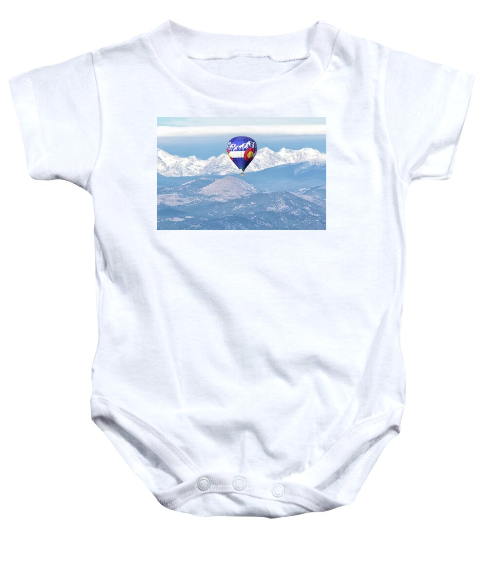 Balloon Baby Onesie featuring the photograph Colorado Hot Air Balloon and the Rocky Mountains by Tony Hake