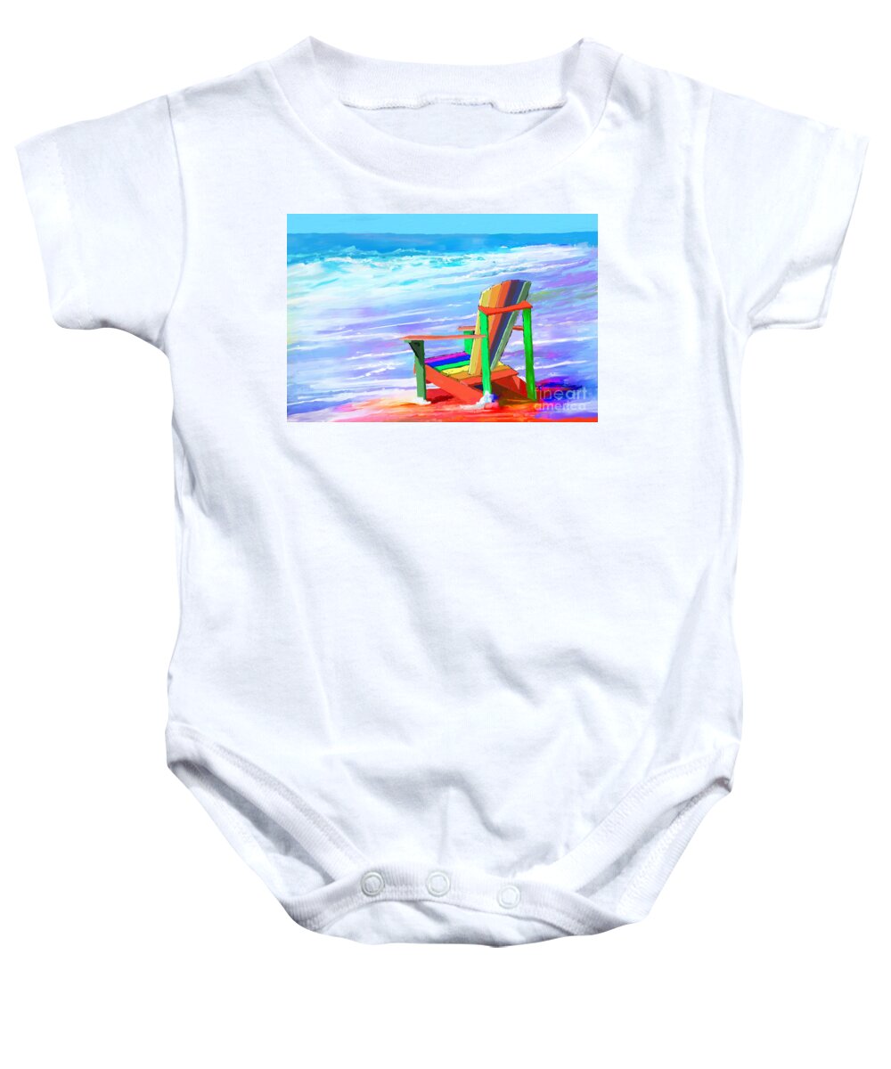 Digital Mixed Media Baby Onesie featuring the painting Colorful Beach Chairs by Kathy Strauss