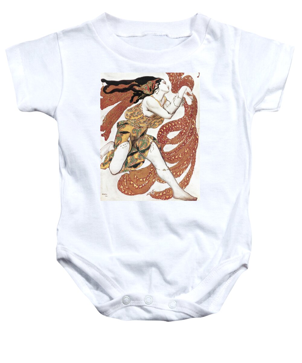 Composer Cherepnin Baby Onesie featuring the painting Costume sketch for a Bacchante, from the ballet andquot, Narcissusandquot. by Leon Bakst