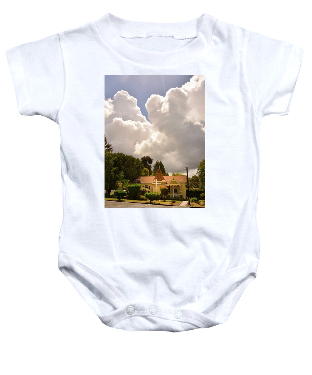 Cross Baby Onesie featuring the photograph Majestic Clouds Above Beulah Chapel by Brian Tada