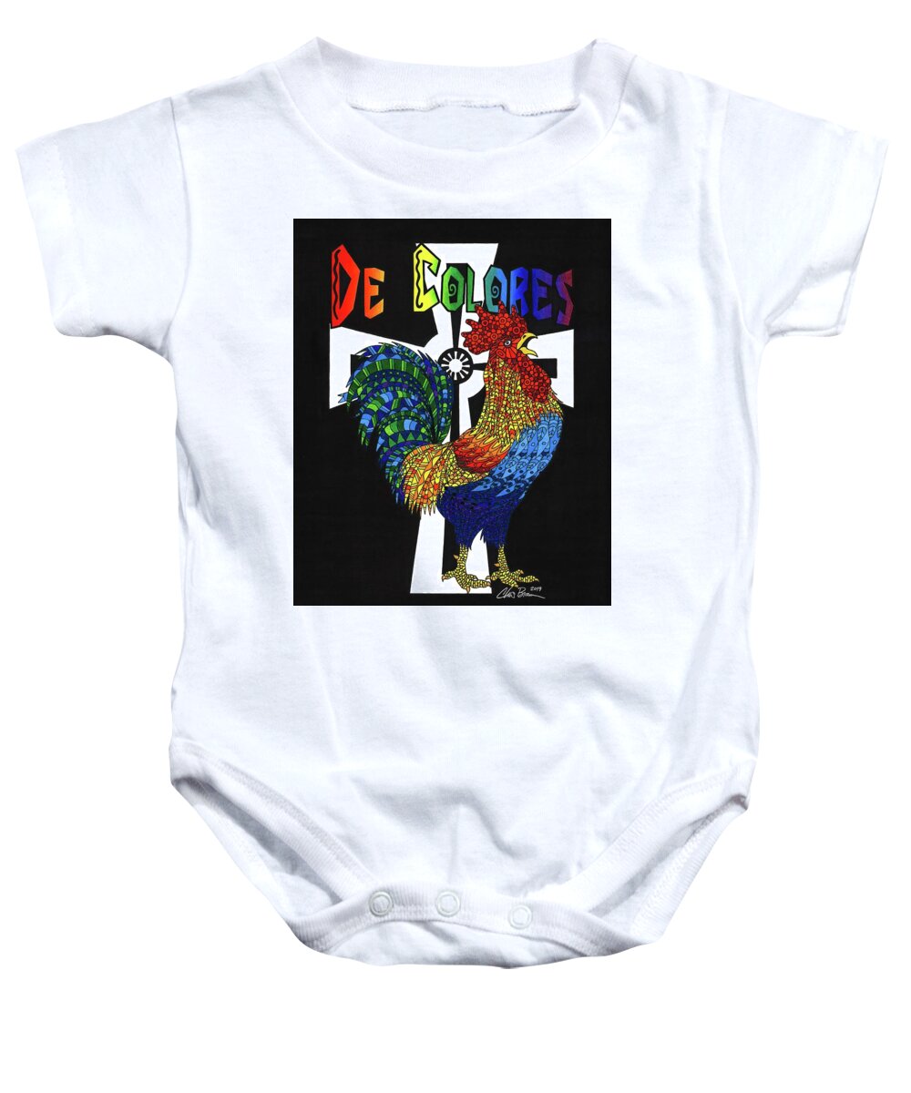 De Colores Baby Onesie featuring the drawing De Colores Rooster by Chris Brown