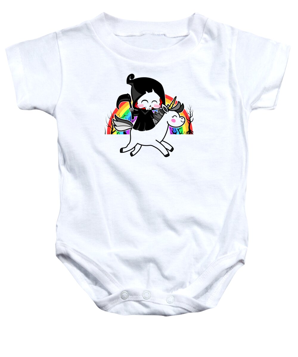 Mythical Creature Baby Onesie featuring the digital art Death Is Magic Unicorn Grim Reaper Rainbow by Mister Tee