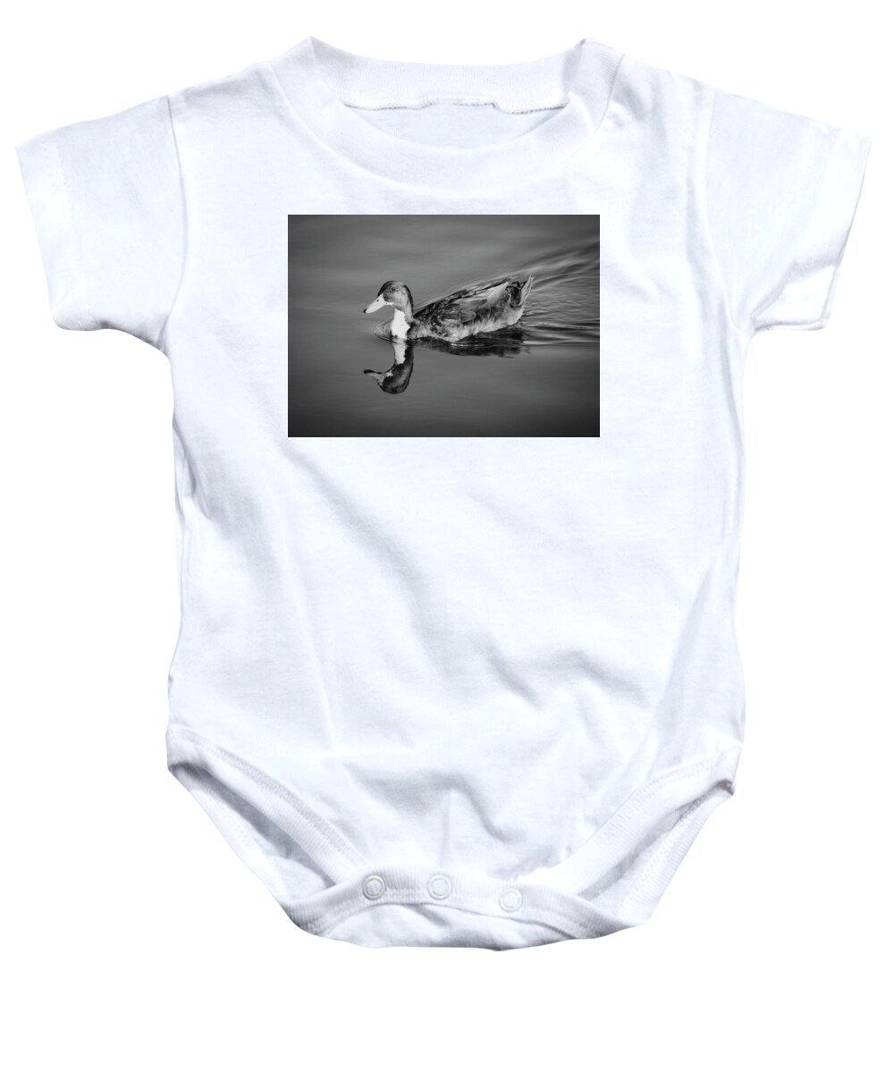 Duck Baby Onesie featuring the photograph Duck in Black and White by Alison Frank