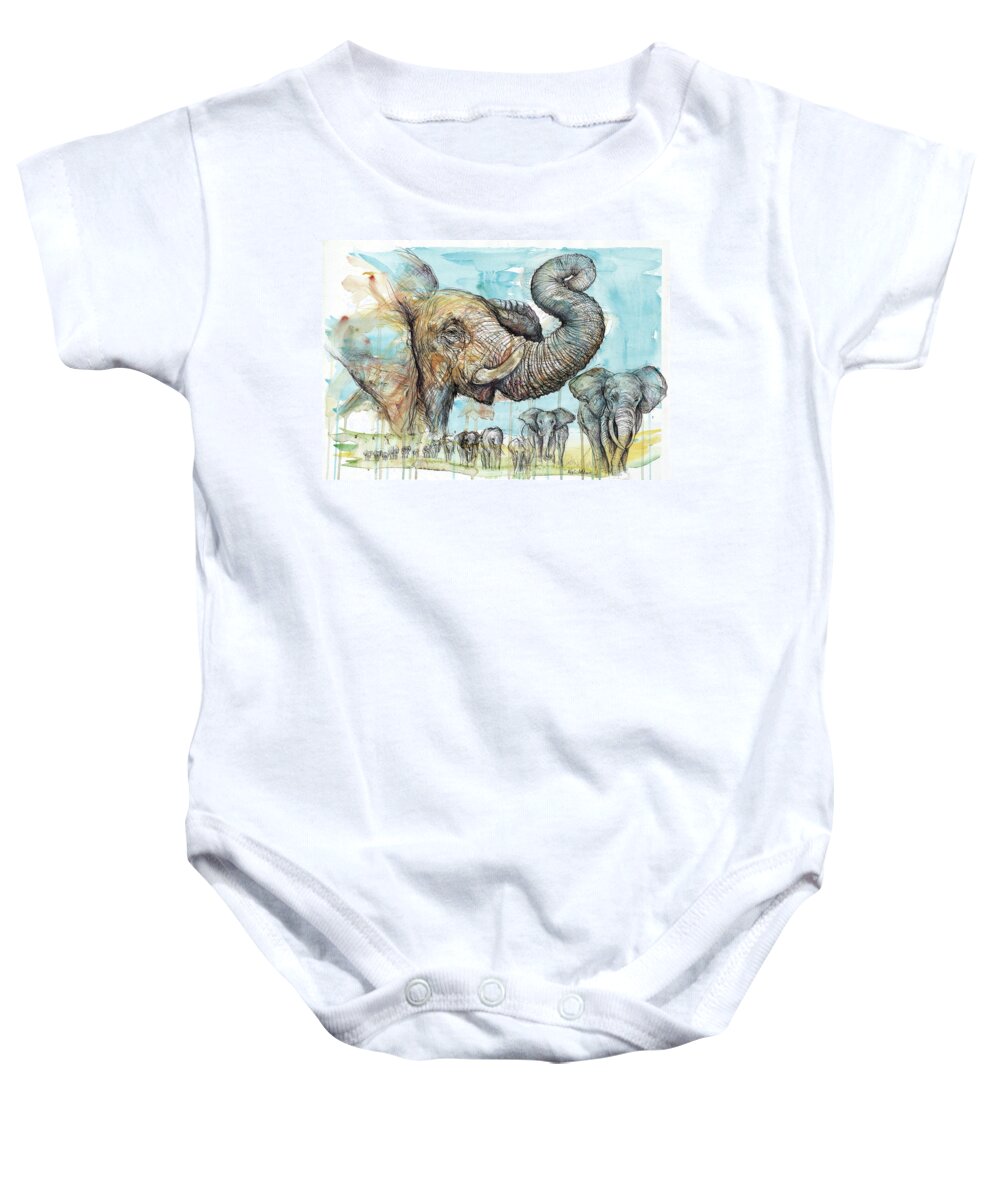 Elephant Baby Onesie featuring the painting Elephant Journey by Kevin Derek Moore