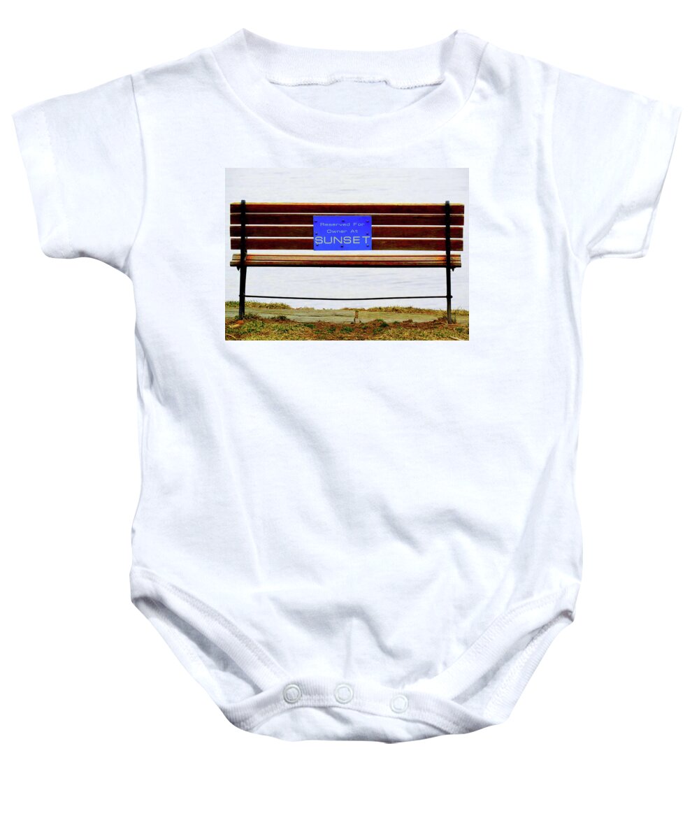 Bench Baby Onesie featuring the photograph Empty Bench Waiting for Sunset by Linda Stern