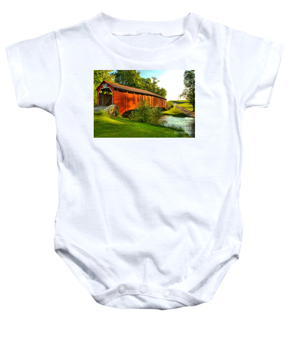 Enslow Baby Onesie featuring the photograph Enslow Bridge Over Sherman Creek by Adam Jewell