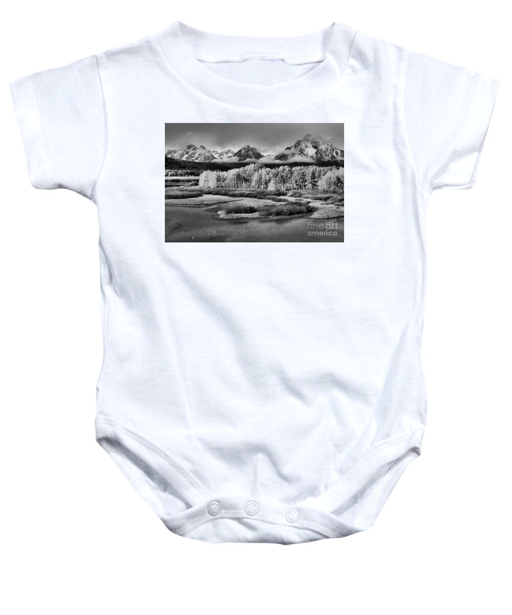 Oxbow Baby Onesie featuring the photograph Fall Foliage Along The Snake River Black And White by Adam Jewell