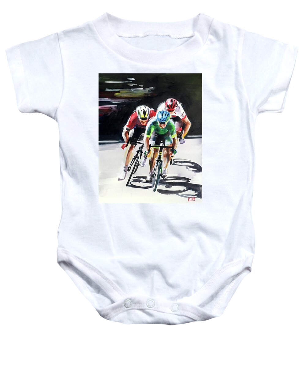 Letour Baby Onesie featuring the painting Fight to the Finish Stage 14 2018 by Shirley Peters