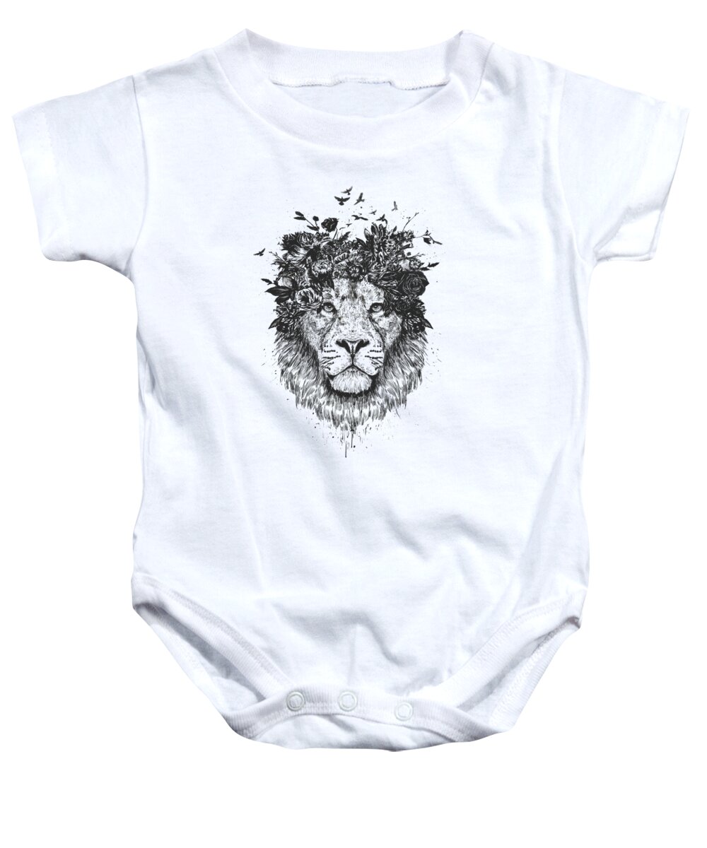 Lion Baby Onesie featuring the drawing Floral lion by Balazs Solti