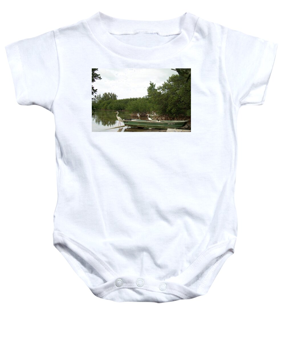 Birds Baby Onesie featuring the photograph Florida Keys Statuesque Egrets and Boat by Leslie Struxness