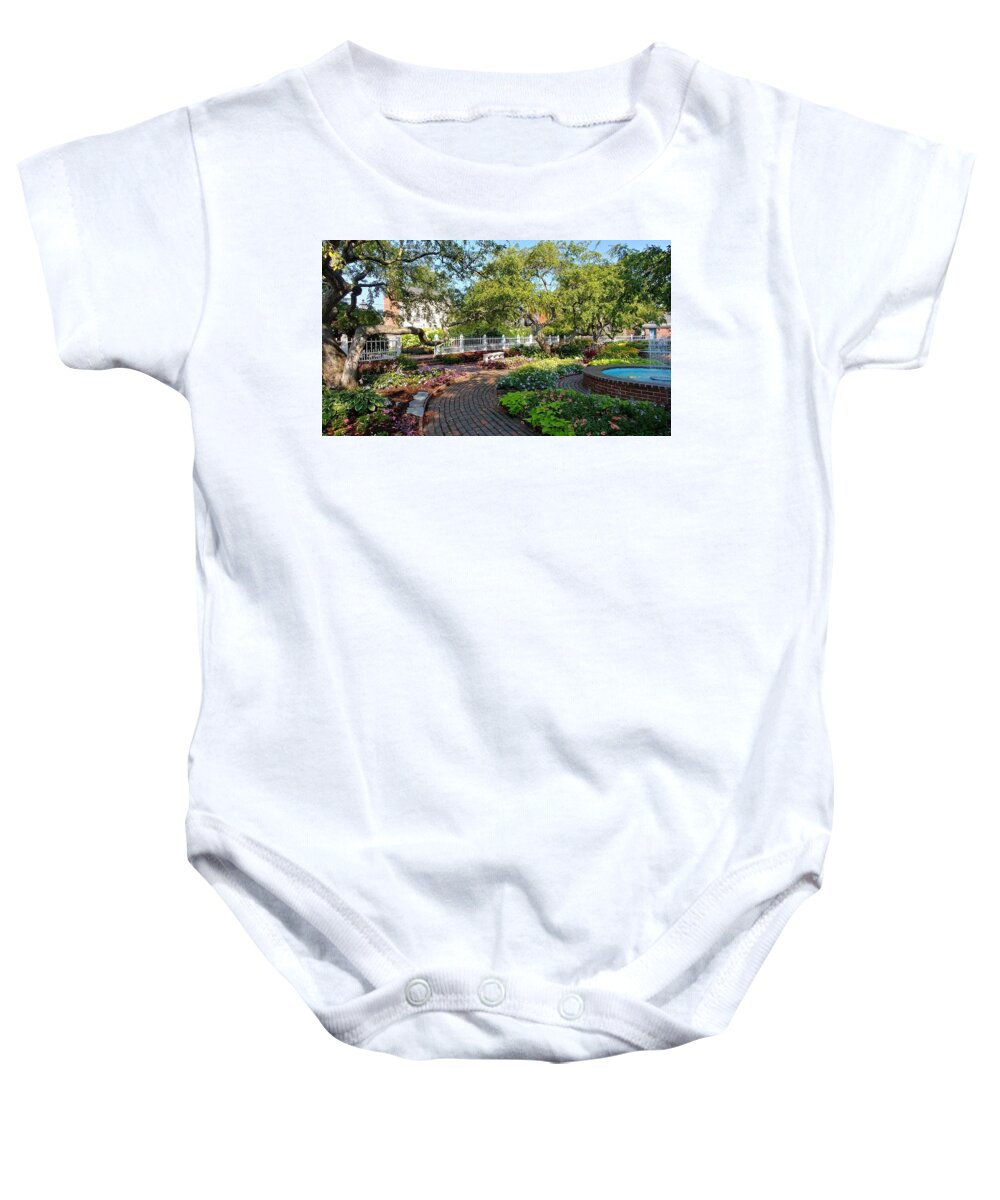 Fountain Baby Onesie featuring the photograph Flowers and Fountains in Prescott Park by Patricia Caron
