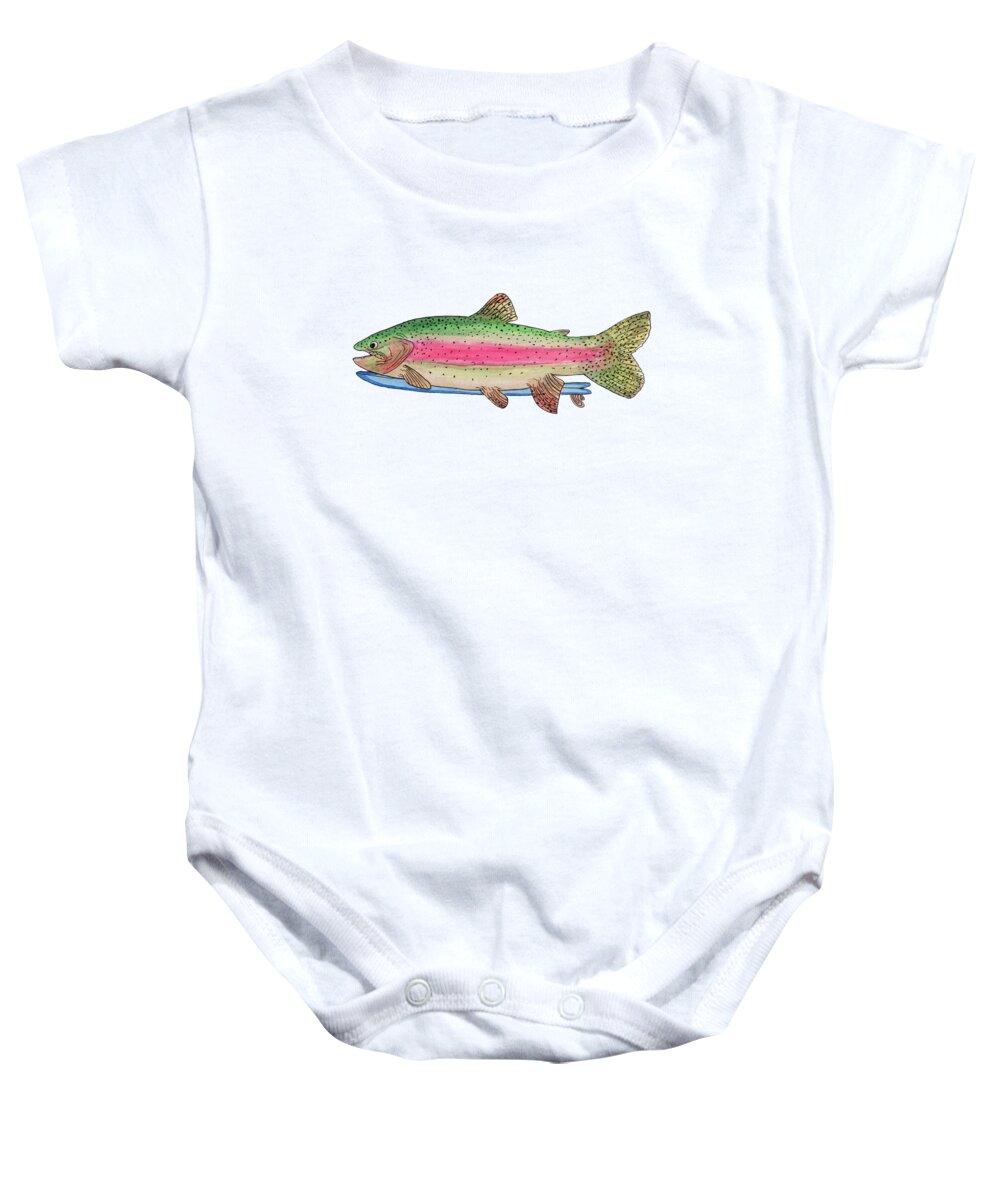 Trout Baby Onesie featuring the painting Rainbow trout on a fish by Tate MacDowell