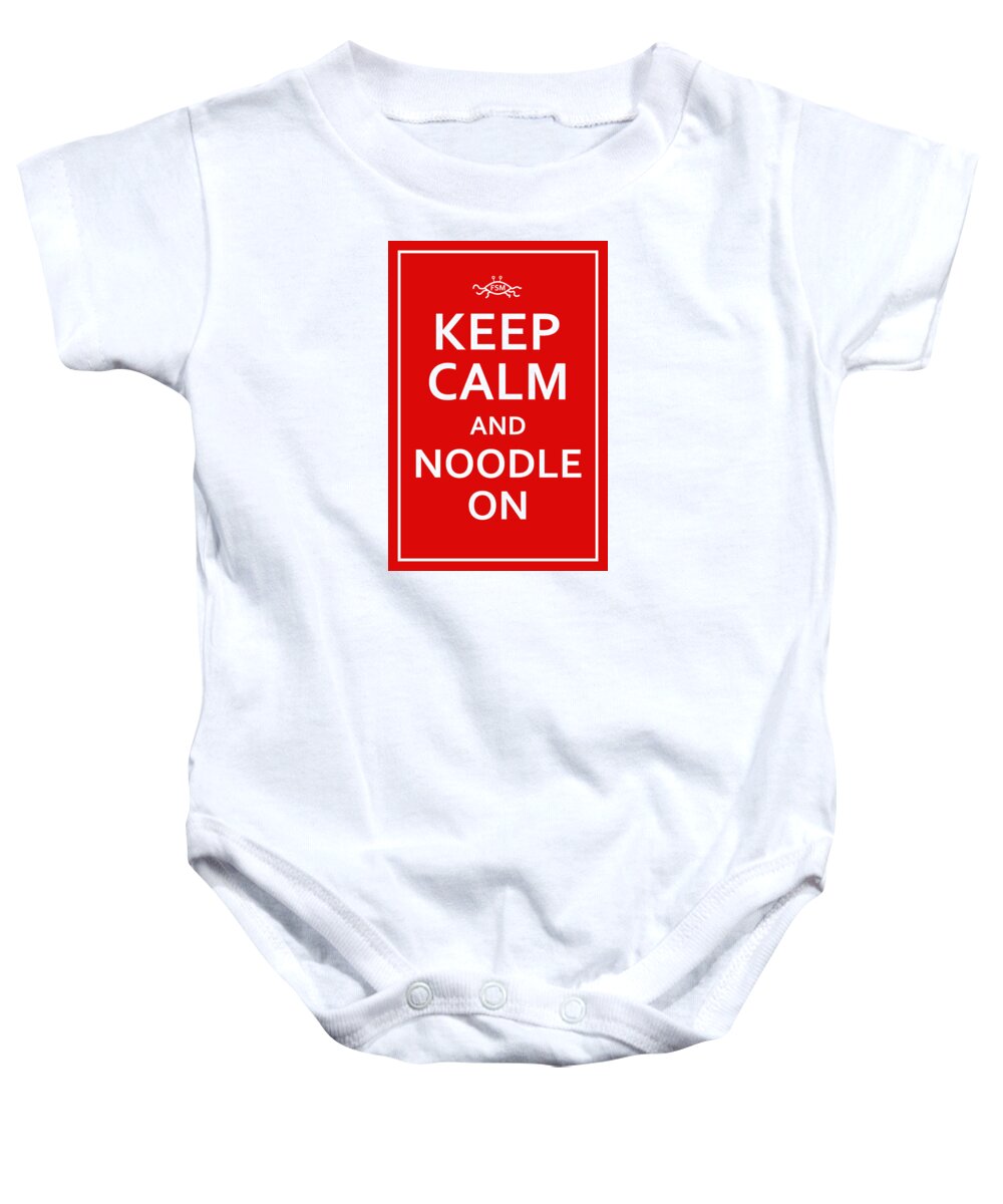 Richard Reeve Baby Onesie featuring the digital art FSM - Keep Calm and Noodle On by Richard Reeve