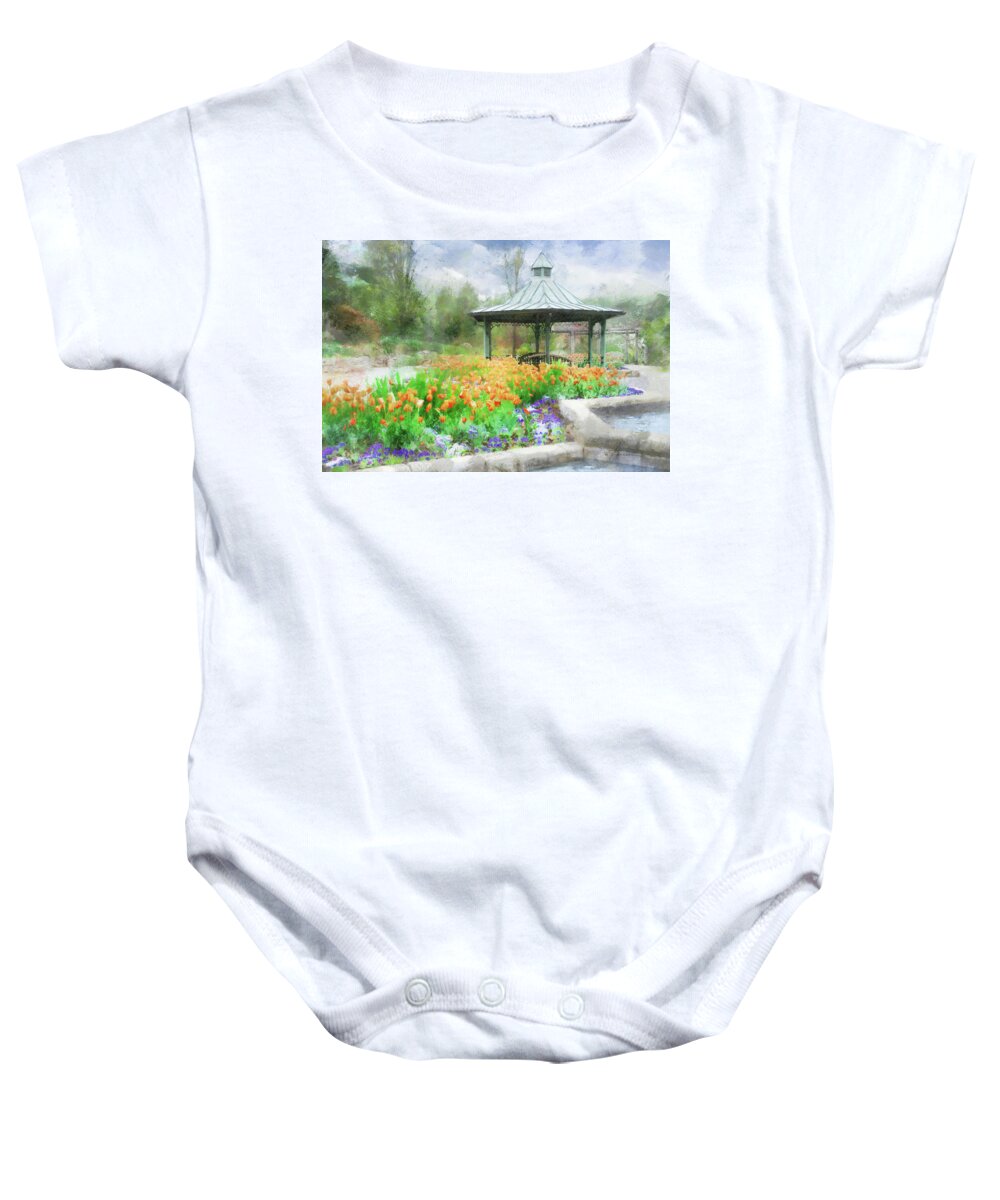 Garden Baby Onesie featuring the digital art Gazebo with Tulips by Frances Miller