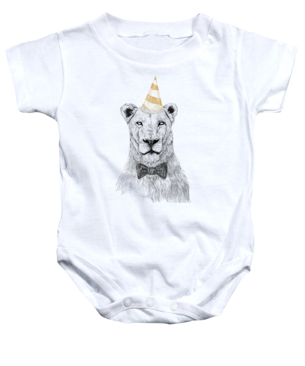 Lion Baby Onesie featuring the drawing Get the party started by Balazs Solti