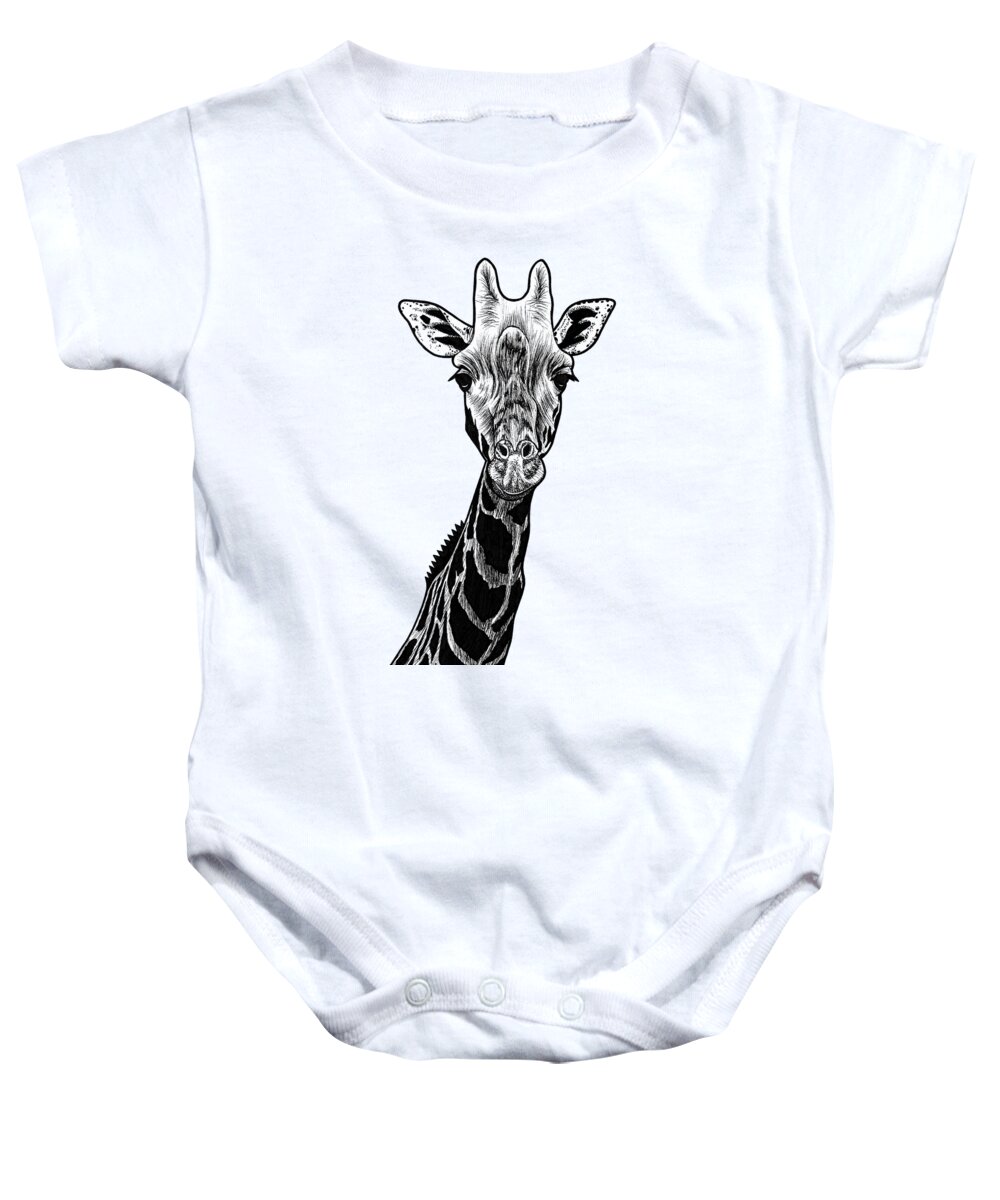 Giraffe Baby Onesie featuring the drawing Giraffe ink illustration by Loren Dowding