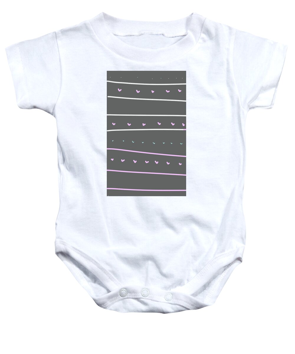Whimsical Baby Onesie featuring the drawing Gray stripe pink hearts by Ashley Rice