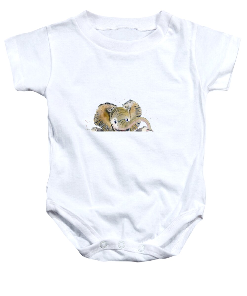 Hello Baby Onesie featuring the painting Hello, Anybody At Home?-Baby Elephant by Melly Terpening