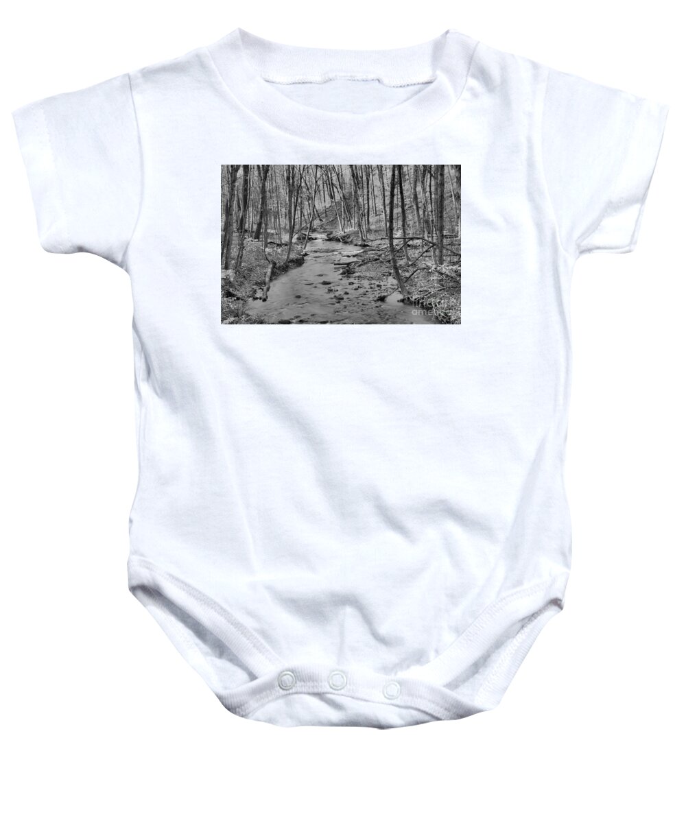 Hells Hollow Baby Onesie featuring the photograph Hells Hollow Fall Foliage Black And White by Adam Jewell