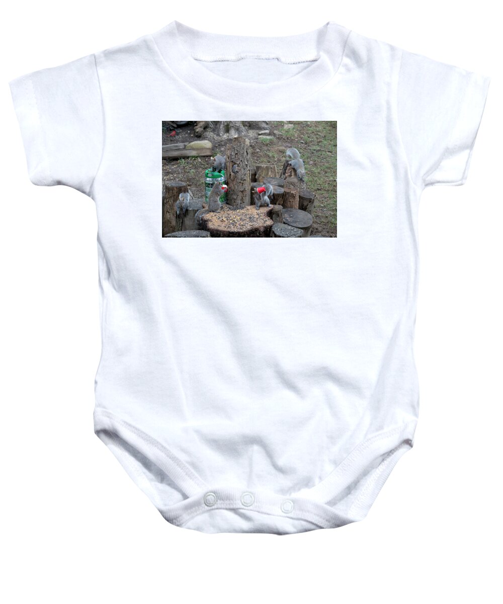 Grey Squirrels Baby Onesie featuring the photograph HEY...they tapped the keg by Daniel Friend