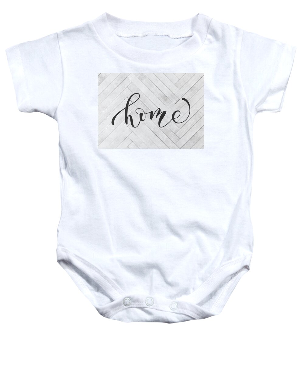 Home Baby Onesie featuring the mixed media Home Farmhouse Sign Script Vintage Farm Retro Typography by Design Turnpike