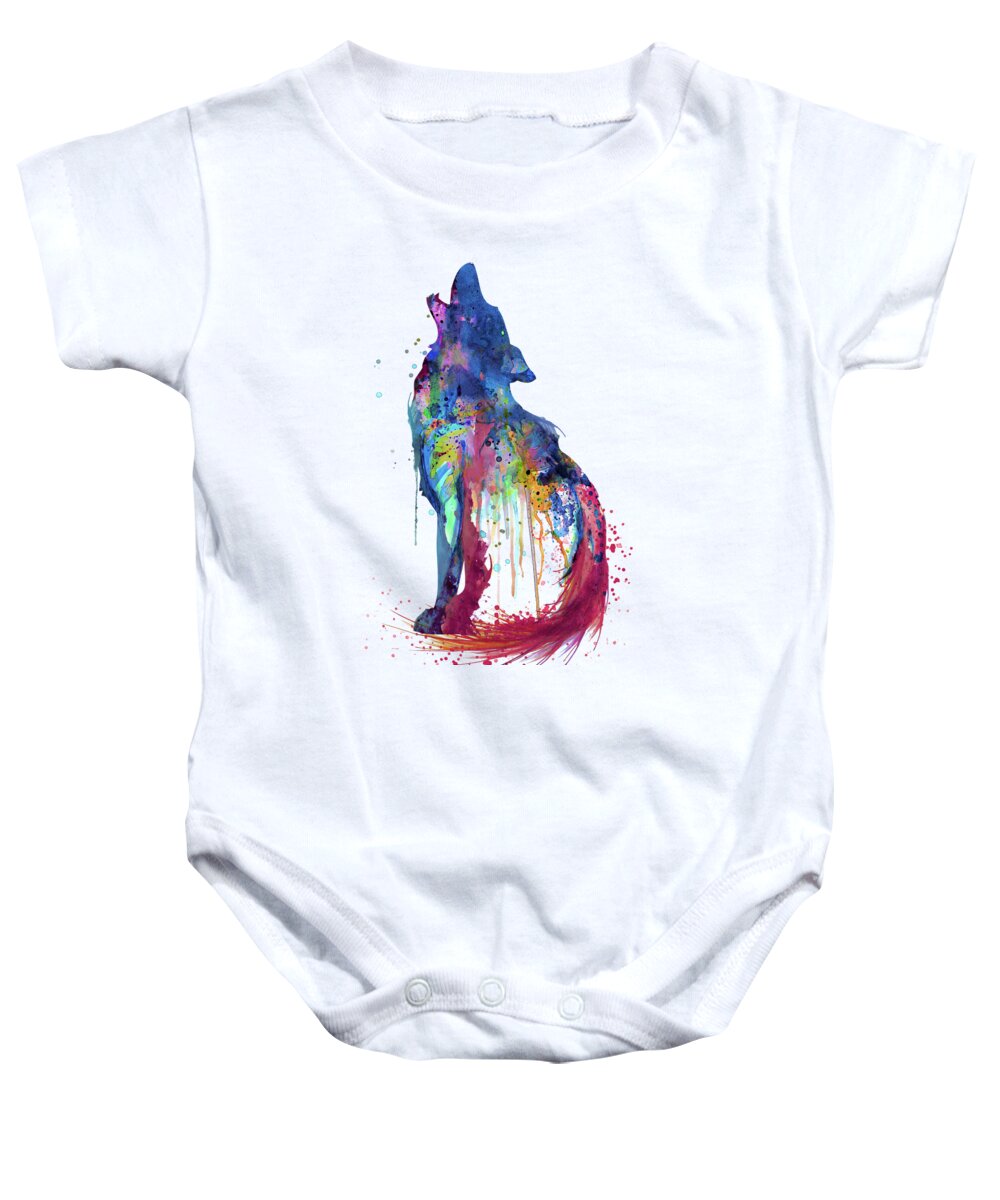 Howling Wolf Baby Onesie featuring the painting Howling Wolf Watercolor Silhouette by Marian Voicu