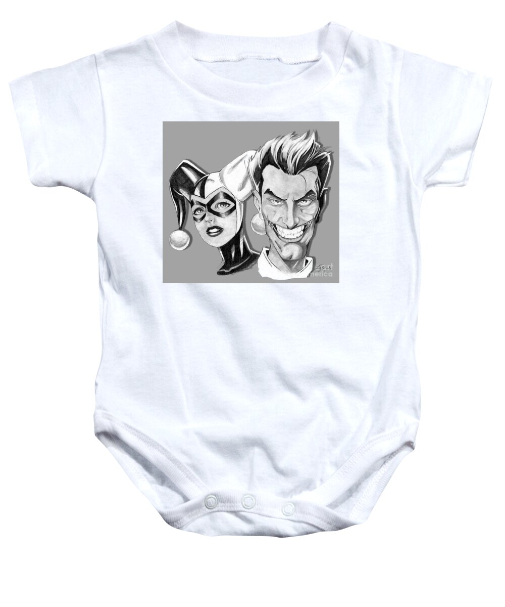 Joker Baby Onesie featuring the drawing Joker and Harley Quinn by Bill Richards