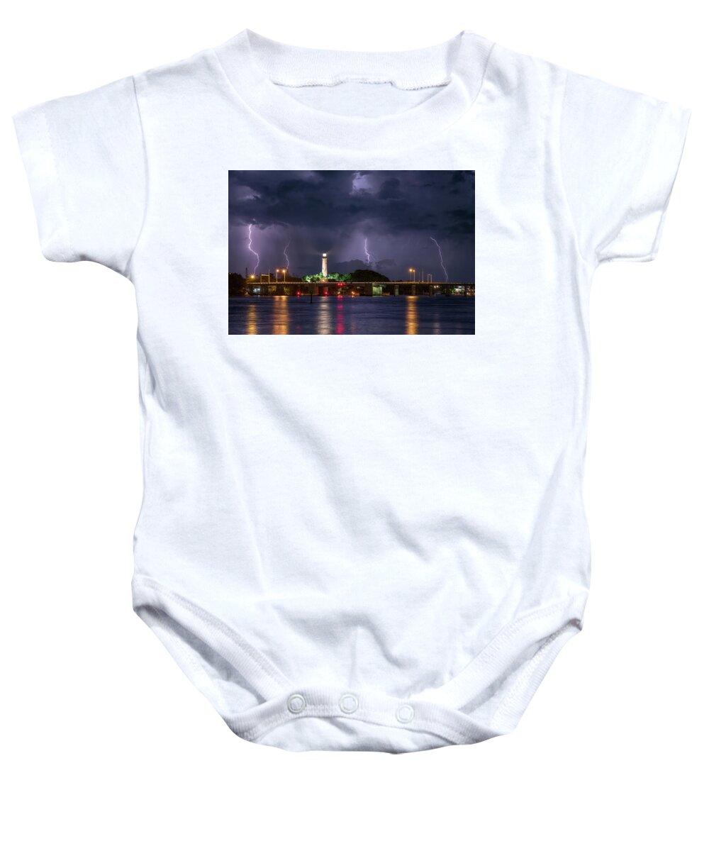 Jupiter Lighthouse Baby Onesie featuring the photograph Jupiter Lighthouse Lightning from Sawfish Bay Park by Kim Seng