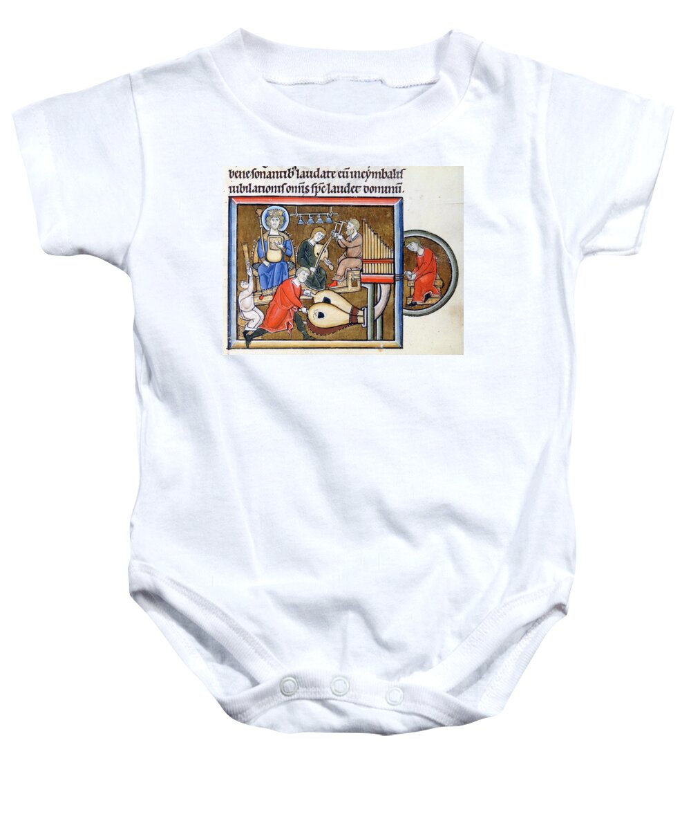 David Baby Onesie featuring the painting King David with psaltery tuba players organ timpani and cymbal from Beatae Elisabeth , Psalter Go... by Album