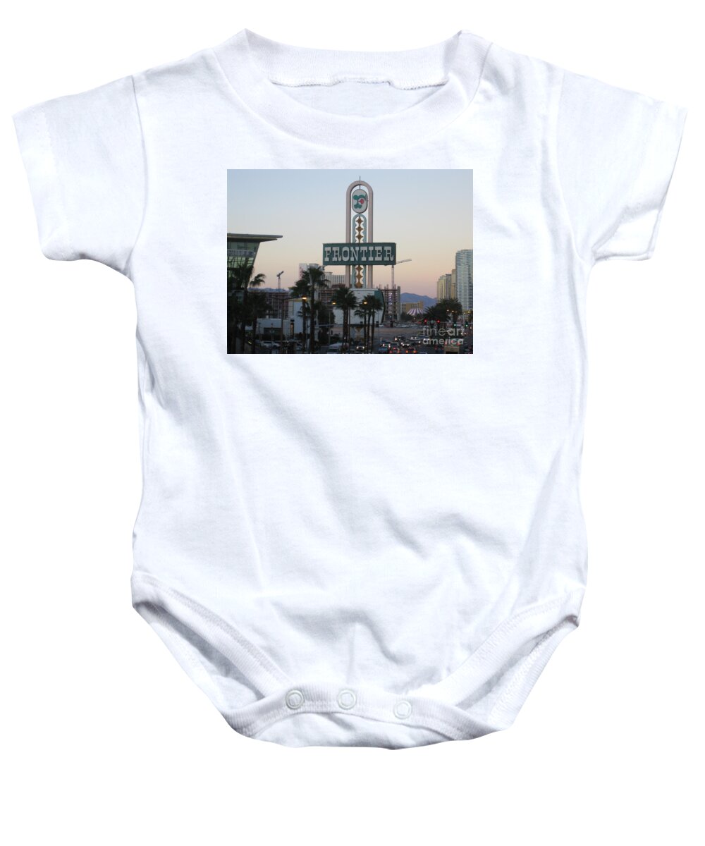 Las Vegas Baby Onesie featuring the photograph Las Vegas Frontier Hotel Day Time View Casino Buildings Hotels Street Cars Scene Las Vegas Blvd 2008 by John Shiron