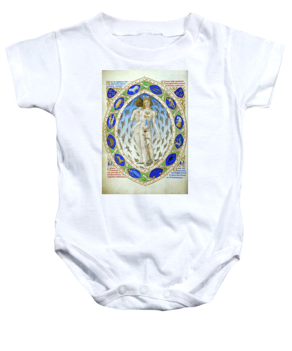 Astrology Baby Onesie featuring the painting Les Tres Riches Heures du Duc de Berry, French 15th century, Zodiac and anatomy of man and woman. by Album
