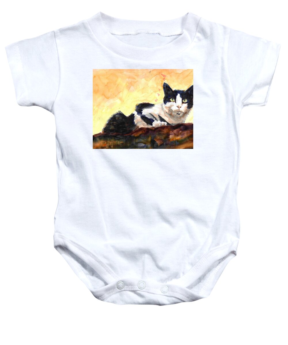 Tuxedo Cat Baby Onesie featuring the painting Let Me In? by Mimi Boothby